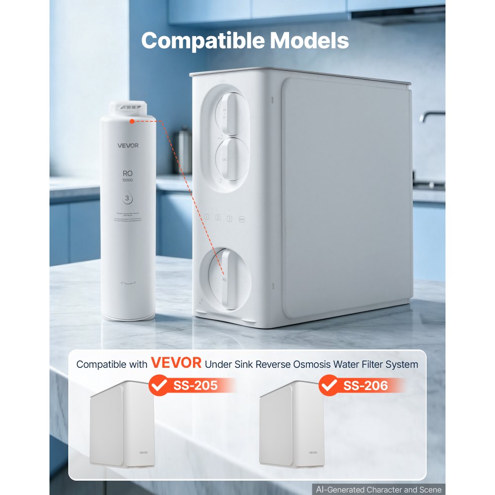 VEVOR Reverse Osmosis System 1200 GPD 10-Stage RO Replacement Cartridge, Water Filter Replacement for 24 Months, Reduces TDS and Lead, Compatible with SS-205 & SS-206 under Sink Water Filter Systems