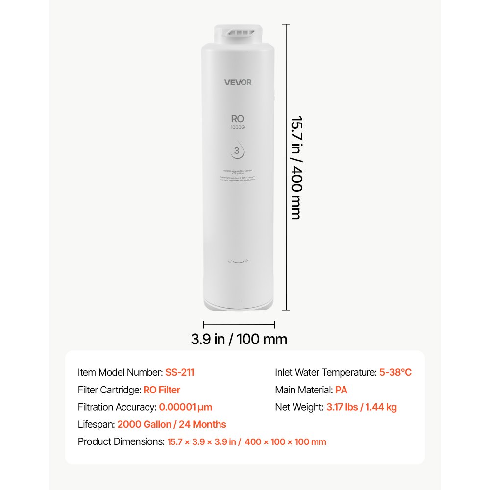 VEVOR Reverse Osmosis System 1200 GPD 10-Stage RO Replacement Cartridge, Water Filter Replacement for 24 Months, Reduces TDS and Lead, Compatible with SS-205 & SS-206 under Sink Water Filter Systems
