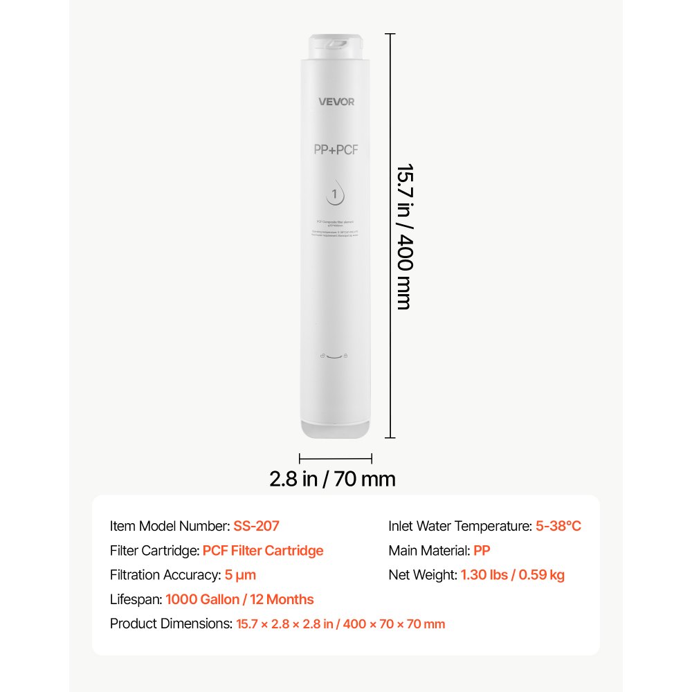 VEVOR Reverse Osmosis System PCF Pre-Composite Replacement Filter Cartridge, Easy Replacement for 12 Months, Reduces Chlorine, Compatible with RO System SS-201/SS-202/SS-203/SS-204/SS-205/SS-206 Units