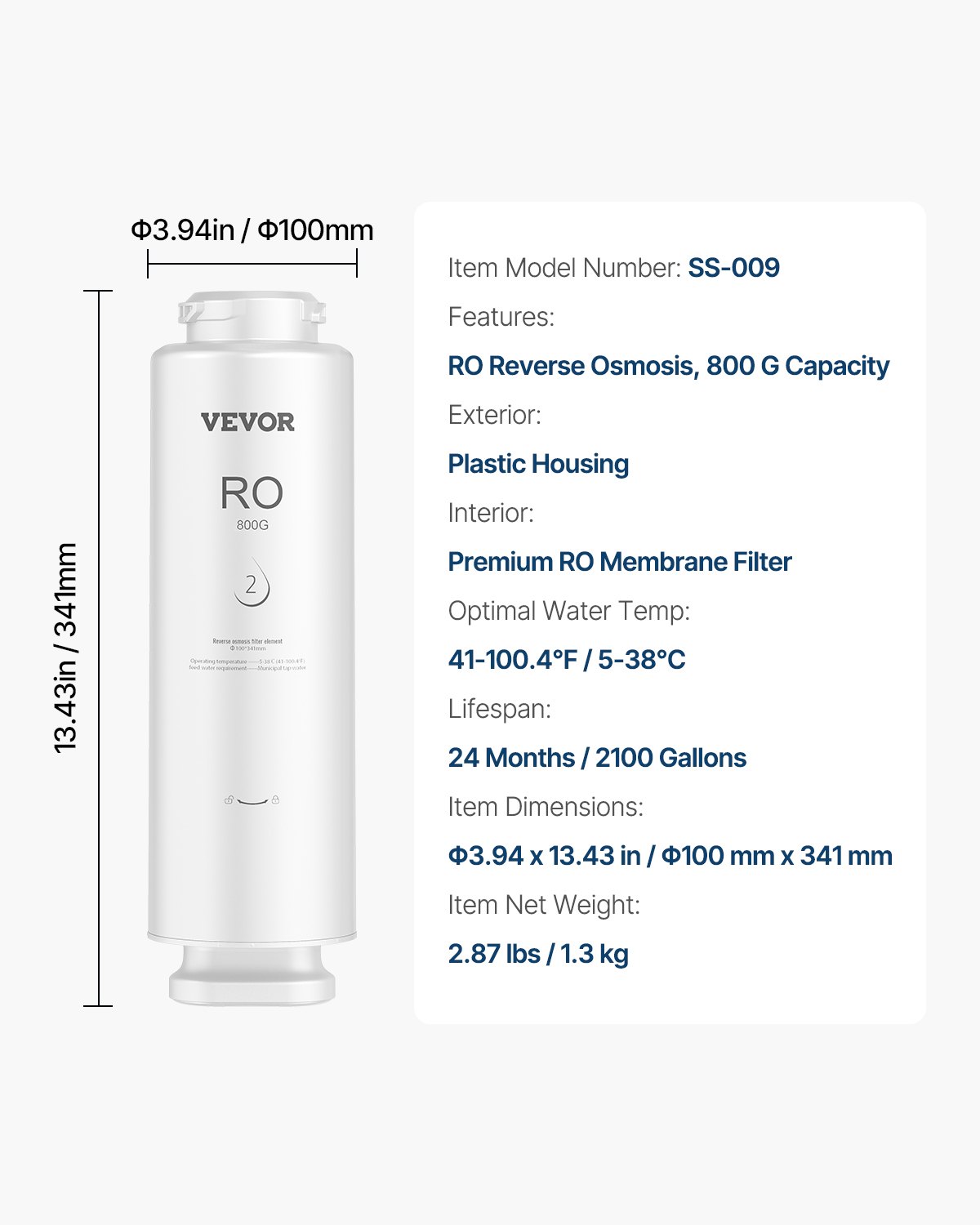VEVOR Reverse Osmosis System, 800 GPD 11-stage Reverse Osmosis Water Filter Replacement, RO Filter Cartridge for 24 Months, Reduces Lead & Chlorine, Compatible with SS-005 Under Sink Water Filter