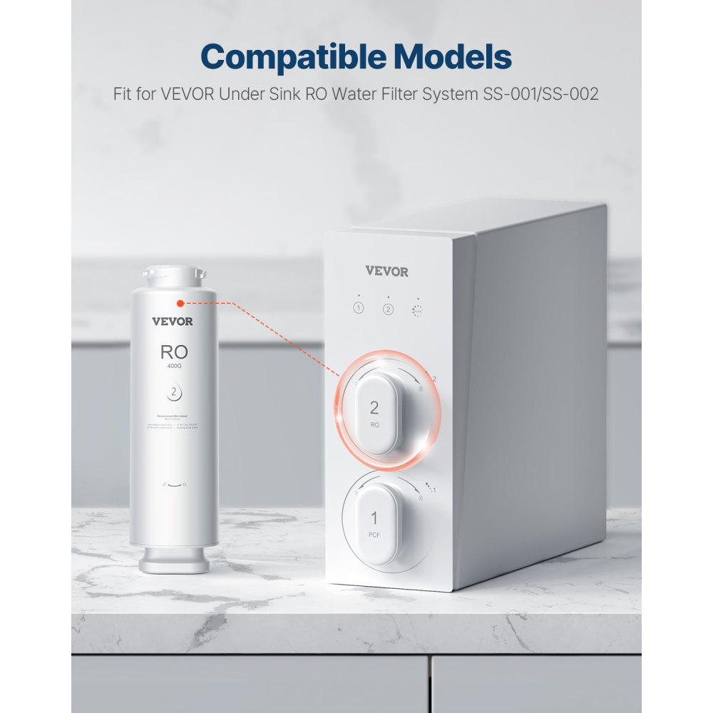 VEVOR Reverse Osmosis System, 400 GPD 9-stage Reverse Osmosis Water Filter Replacement, RO Filter Cartridge for 24 Months, Reduces Lead, Chlorine, Rust, Compatible with SS-001 Under Sink Water Filter