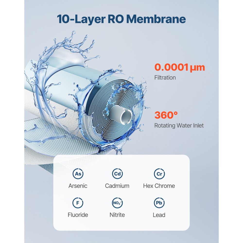 Sistema de ósmosis inversa VEVOR, repuesto de filtro de agua de ósmosis inversa de 10 etapas y 600 GPD, cartucho de filtro de ósmosis inversa con 24 meses de vida útil, reduce el plomo y el cloro, compatible con el filtro de agua bajo fregadero SS-003.