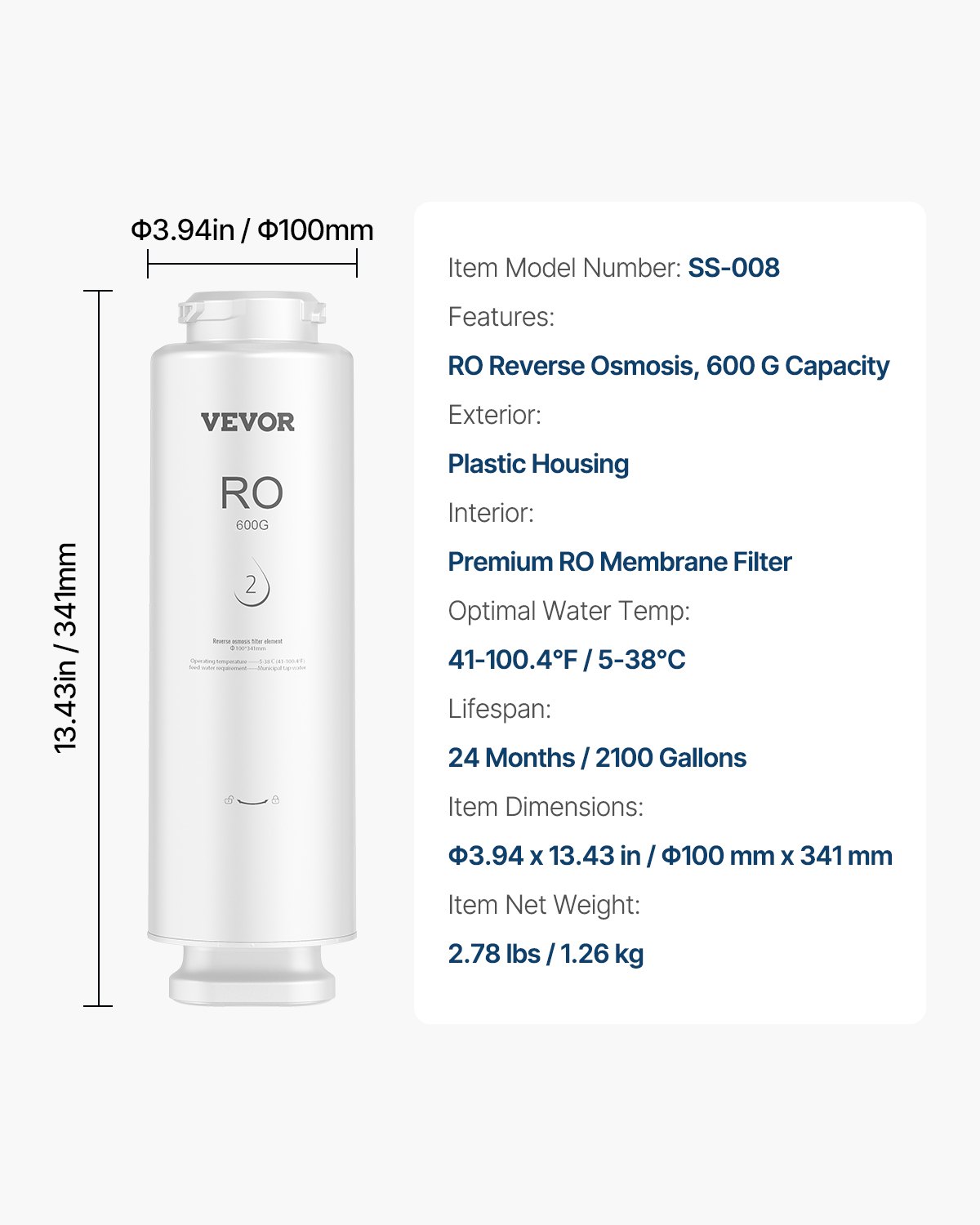 Sistema de ósmosis inversa VEVOR, repuesto de filtro de agua de ósmosis inversa de 10 etapas y 600 GPD, cartucho de filtro de ósmosis inversa con 24 meses de vida útil, reduce el plomo y el cloro, compatible con el filtro de agua bajo fregadero SS-003.