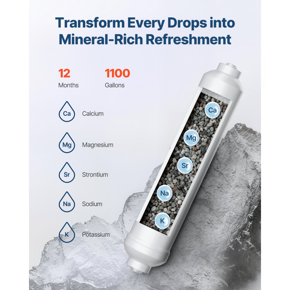 VEVOR Remineralization Filter, 1100 Gallons Remineralization Water Filter Replacement, 1/4" Quick Connect Mineral Filter, Restore Essential Minerals for Water Purifier, Under Sink Water Filter System