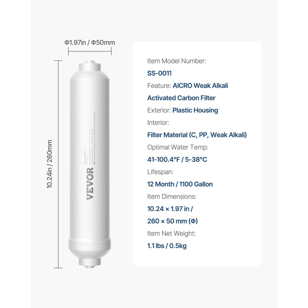 VEVOR Remineralization Filter, 1100 Gallons Remineralization Water Filter Replacement, 1/4" Quick Connect Mineral Filter, Restore Essential Minerals for Water Purifier, Under Sink Water Filter System