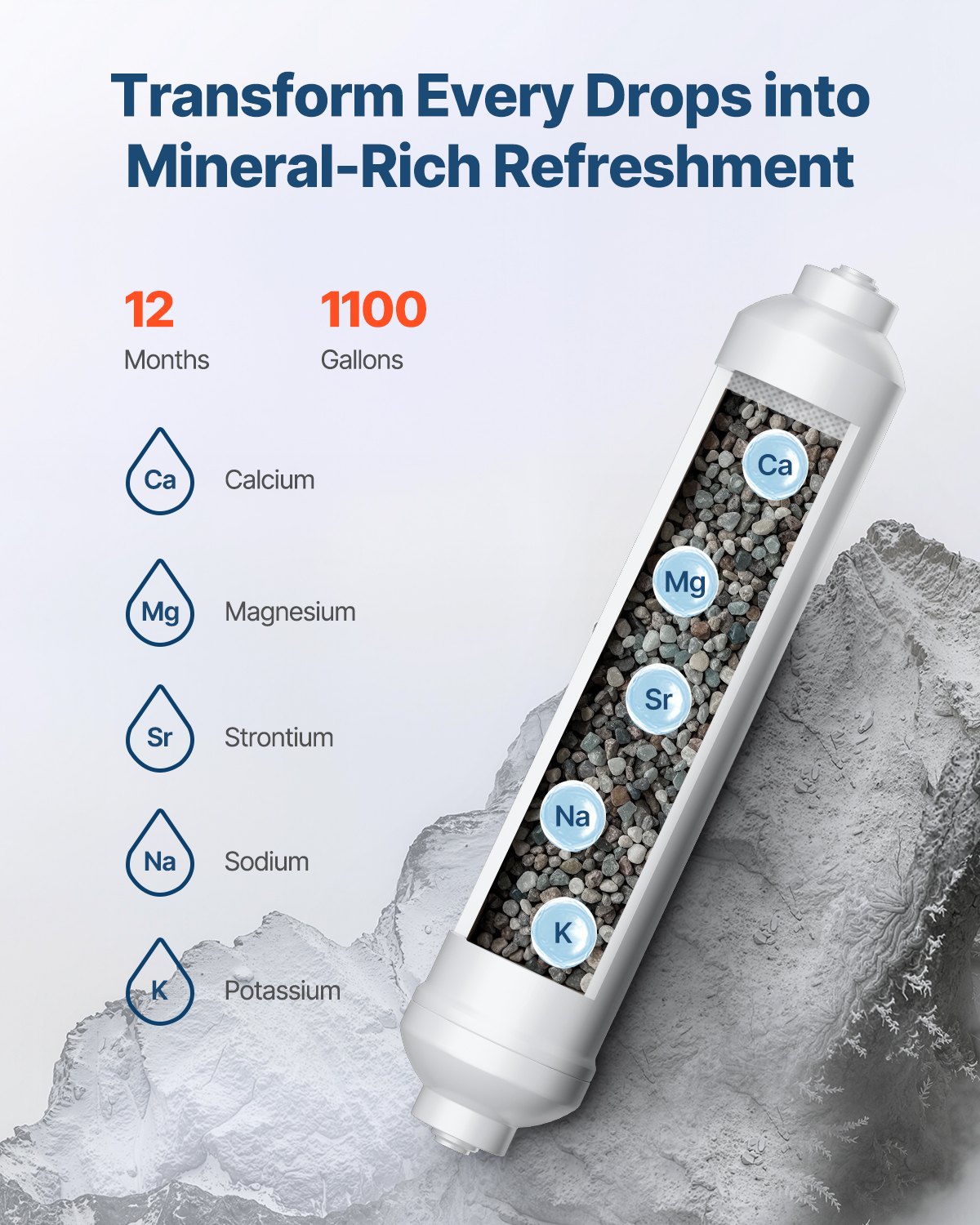 VEVOR Remineralization Filter, 1100 Gallons Remineralization Water Filter Replacement, 1/4" Quick Connect Mineral Filter, Restore Essential Minerals for Water Purifier, Under Sink Water Filter System