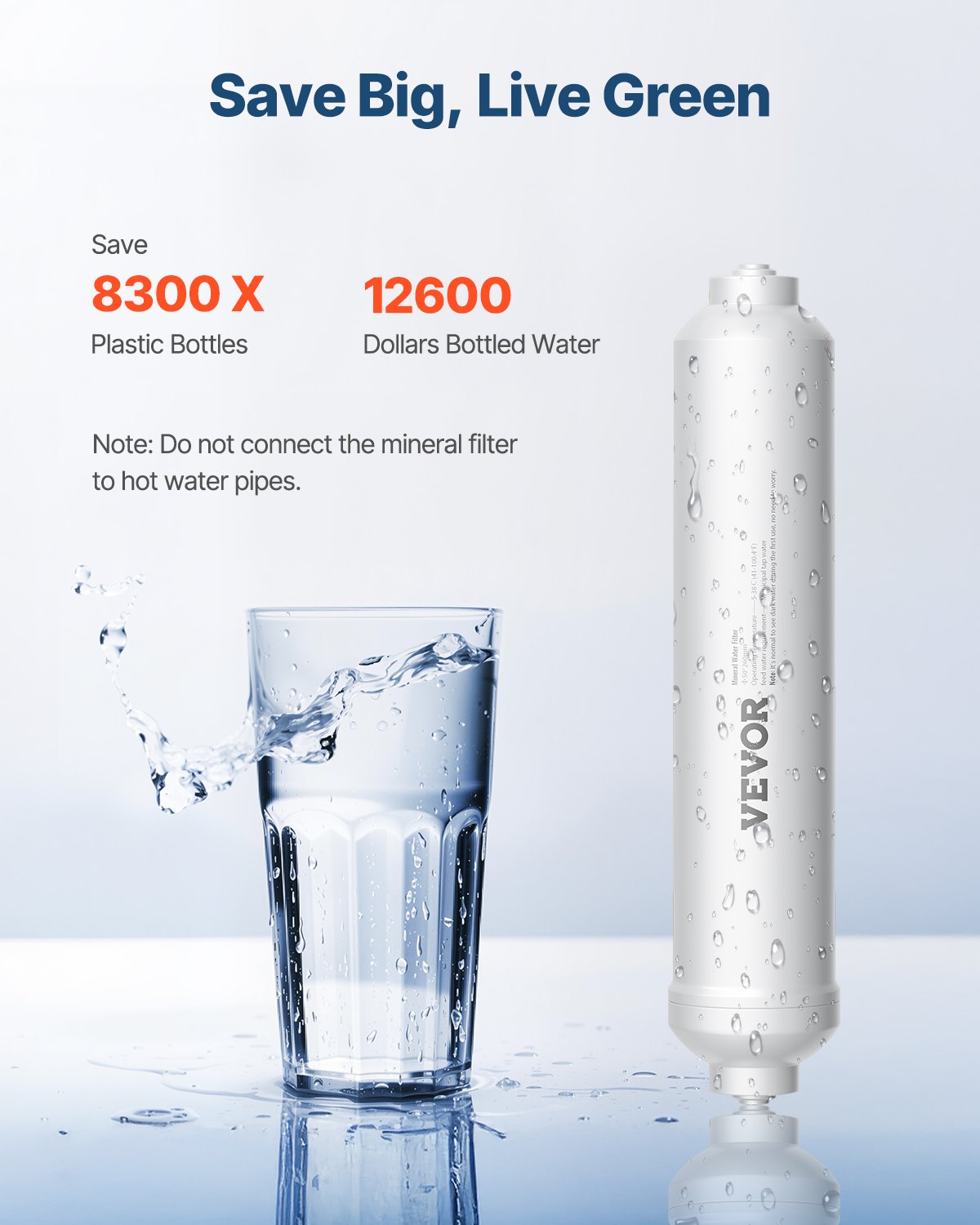VEVOR Remineralization Filter, 1100 Gallons Remineralization Water Filter Replacement, 1/4" Quick Connect Mineral Filter, Restore Essential Minerals for Water Purifier, Under Sink Water Filter System