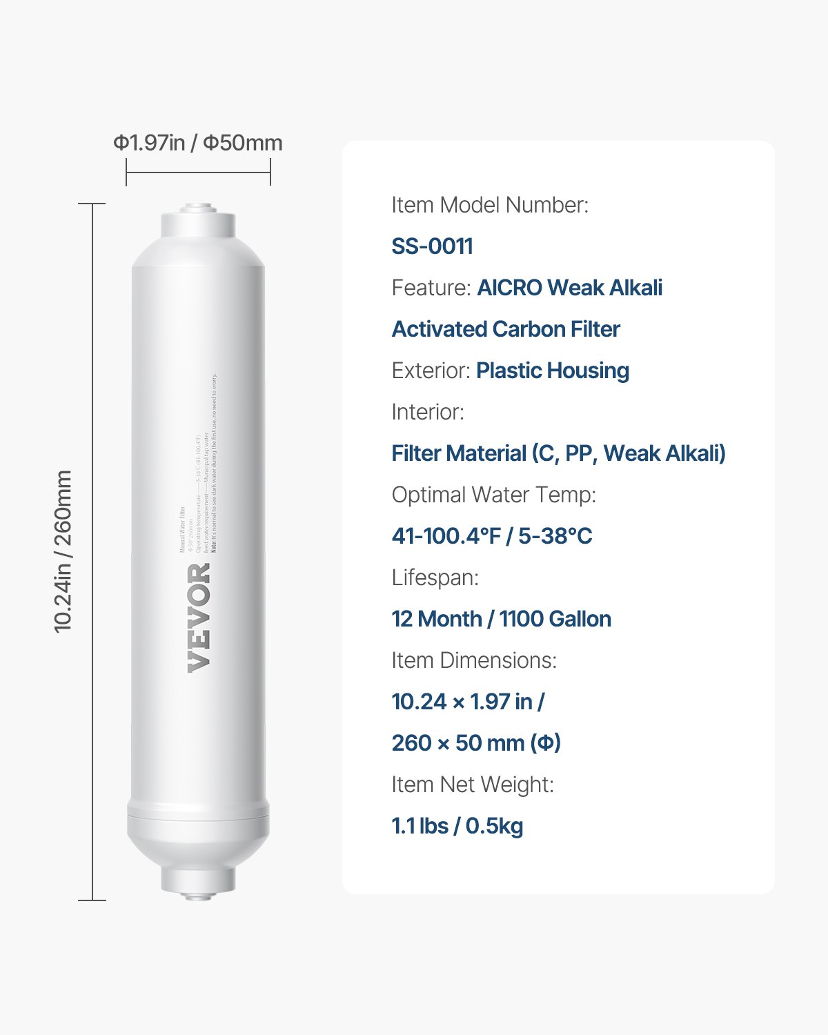 VEVOR Remineralization Filter, 1100 Gallons Remineralization Water Filter Replacement, 1/4" Quick Connect Mineral Filter, Restore Essential Minerals for Water Purifier, Under Sink Water Filter System