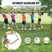 VEVOR Slackline-sett med treningsline, 60 fot Backyard Slack Line-utstyr, enkelt oppsett stramt tau for barn, voksne, komplett slackline-sett med trebeskyttere, armtrener, bæreveske og instruksjon