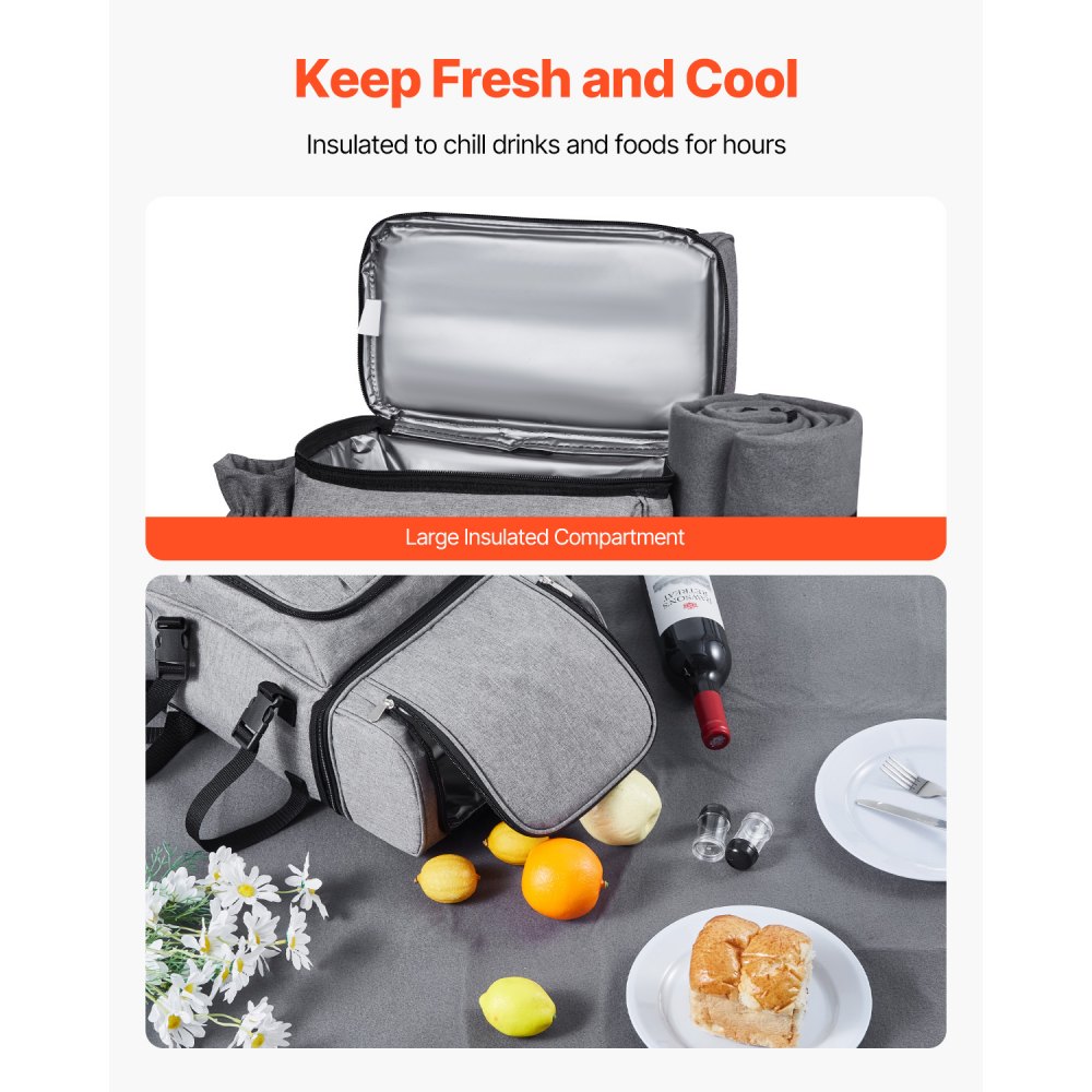 VEVOR Picnic Backpack, Beach Picnic Backpack Bag for 4 Person with Insulated Cooler Compartment, Detachable Bottle/Wine Holder, Lightweight Blanket, Plates and Cutlery Set for Hiking & Camping, Grey