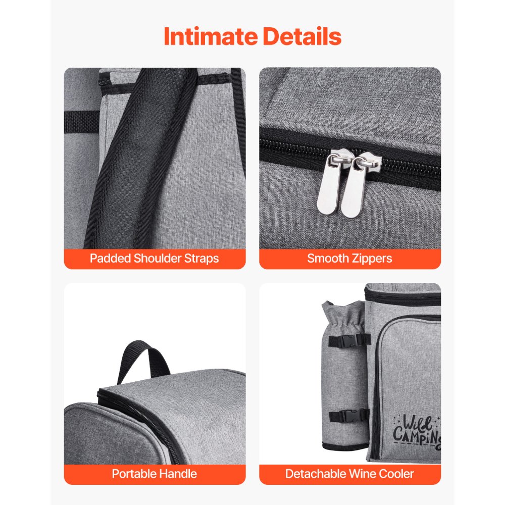 VEVOR Picnic Backpack, Beach Picnic Backpack Bag for 4 Person with Insulated Cooler Compartment, Detachable Bottle/Wine Holder, Lightweight Blanket, Plates and Cutlery Set for Hiking & Camping, Grey