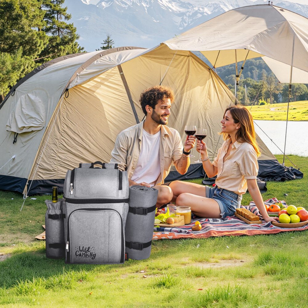 VEVOR Picnic Backpack, Beach Picnic Backpack Bag for 4 Person with Insulated Cooler Compartment, Detachable Bottle/Wine Holder, Lightweight Blanket, Plates and Cutlery Set for Hiking & Camping, Grey