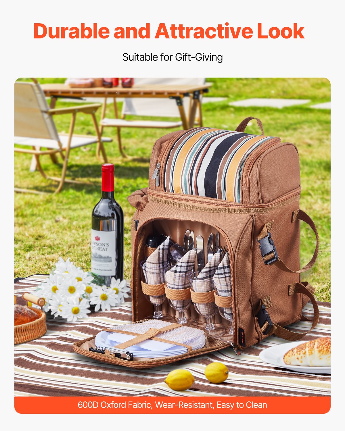 VEVOR Picnic Backpack, Beach Picnic Backpack Bag for 4 Person with Insulated Cooler Compartment, Detachable Bottle/Wine Holder, Lightweight Blanket, Plates and Cutlery Set for Hiking & Camping, Brown