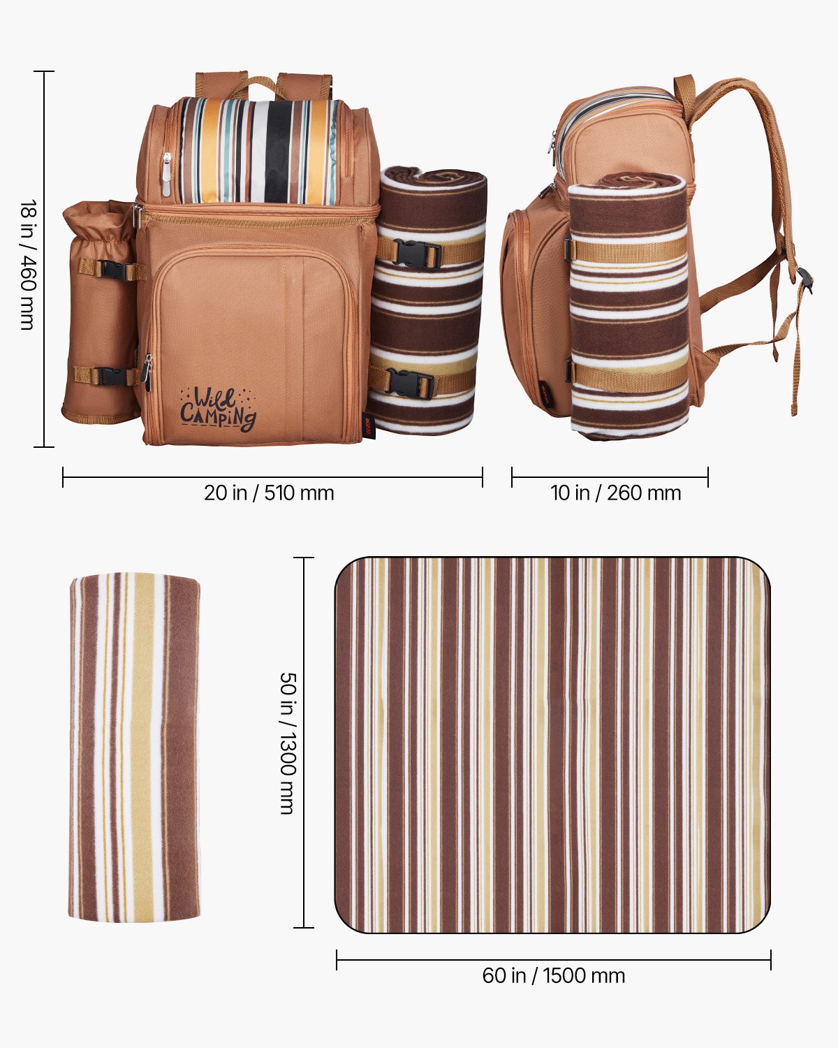 VEVOR Picnic Backpack, Beach Picnic Backpack Bag for 4 Person with Insulated Cooler Compartment, Detachable Bottle/Wine Holder, Lightweight Blanket, Plates and Cutlery Set for Hiking & Camping, Brown