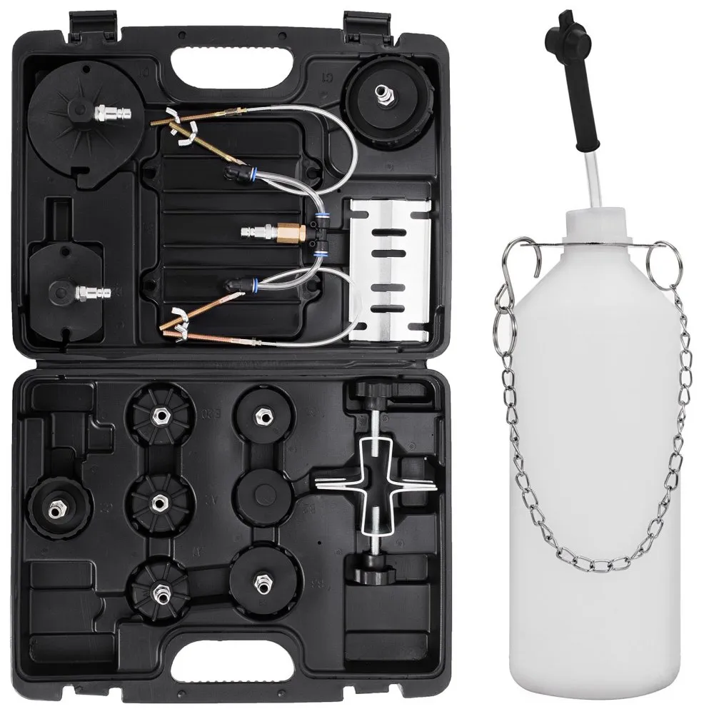 VEVOR brake bleeder tool kit with various fittings in a black carrying case.