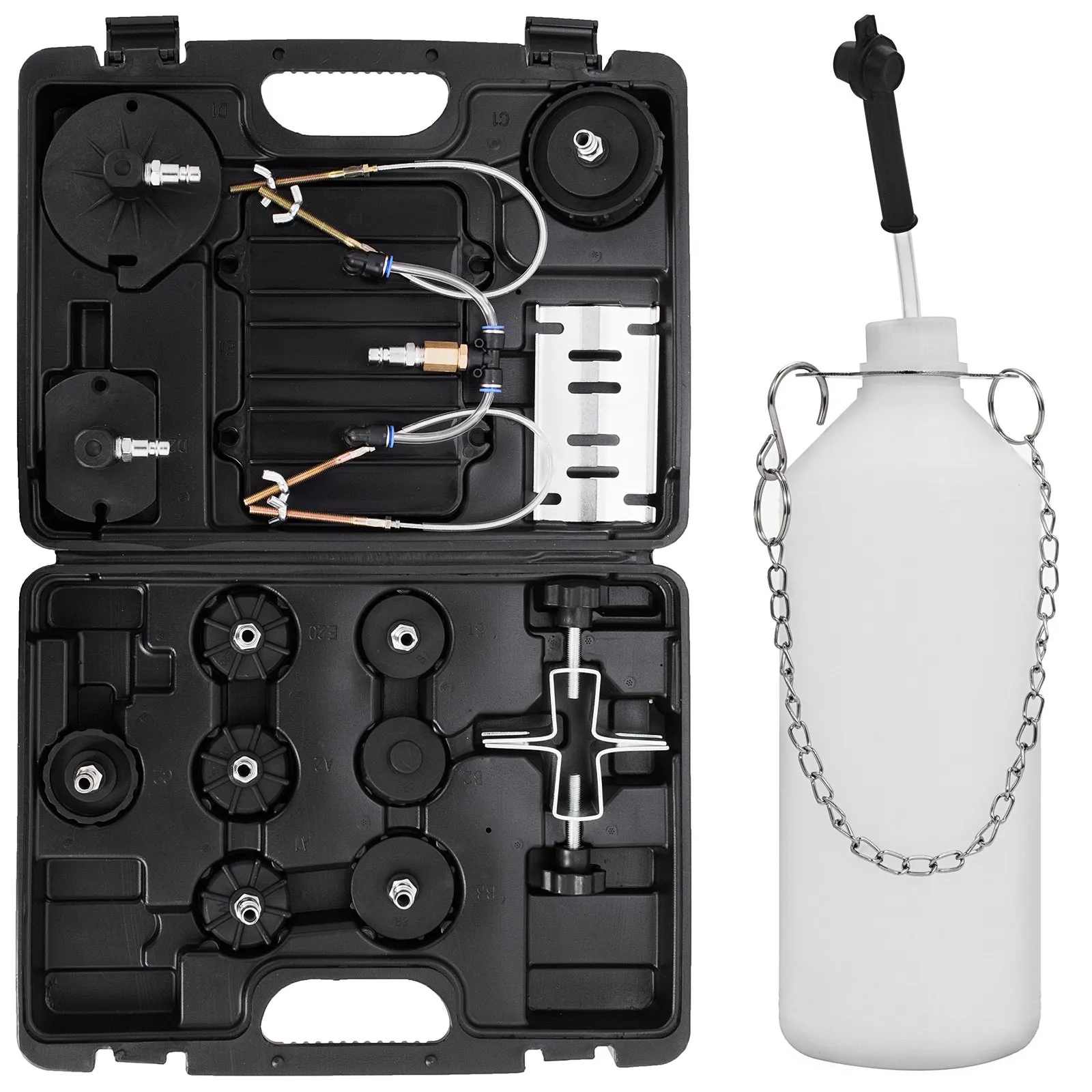 VEVOR brake bleeder tool kit with various fittings in a black carrying case.
