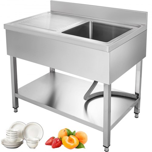 VEVOR Ktchen Sink with Left Hand Platform 39.5 inch Stainless Steel Utility Sink Professional Sink Single Bowl Sink Catering Sink Unit for Bar Kitchen Restaurant
