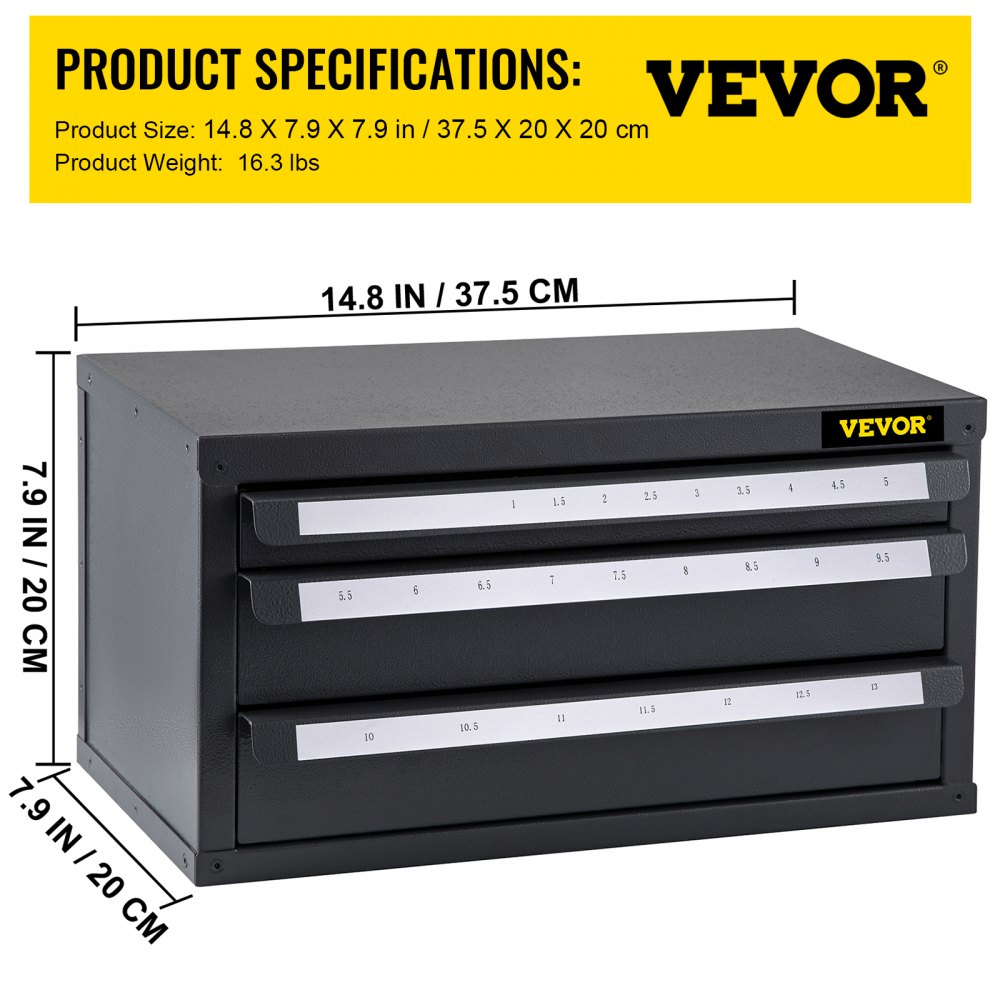 VEVOR Drill Bit Dispenser Cabinet, Three-Drawer Drill Bit Dispenser, Drill Bit Organizer Cabinet, Drill Dispenser Organizer Cabinet for Metric Sizes 1-13 mm/0.04-0.51 inch in 0.5 mm/0.02" Increments
