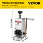 VEVOR wire stripping machine dimensions and weight with a safety warning sign.