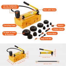 VEVOR 15 Ton Hydraulic Knockout Punch Kit, 1/2" to 4" Conduit Hole Cutter Set, KO Tool Kits with Puncher 10 Piece, Metal Sheet Driver Tools, For Aluminum, Brass, Stainless Steel, Fiberglass and Plasti