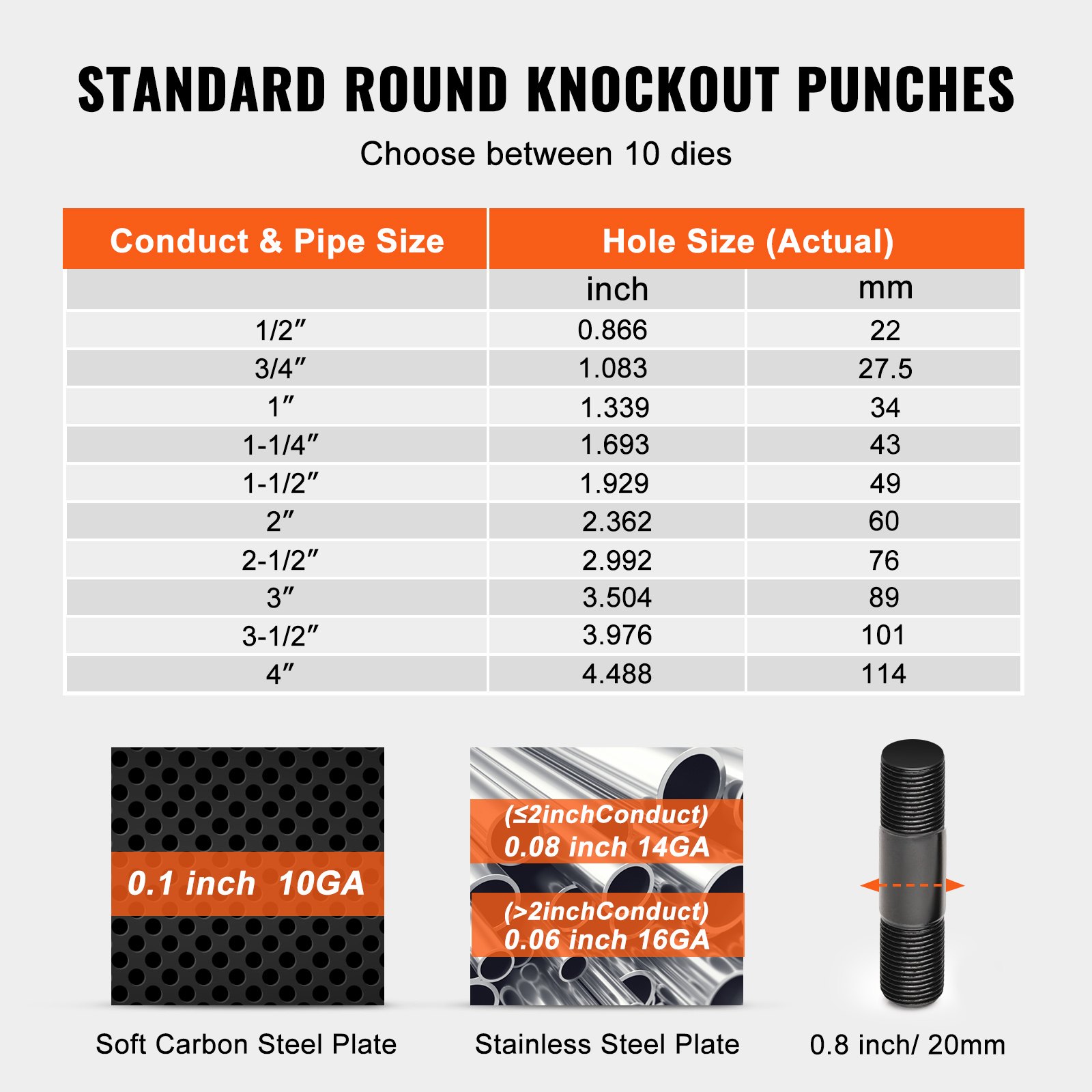 VEVOR hydraulic knockout punch kit: standard round knockout punches chart with 10 die sizes and material specifications.
