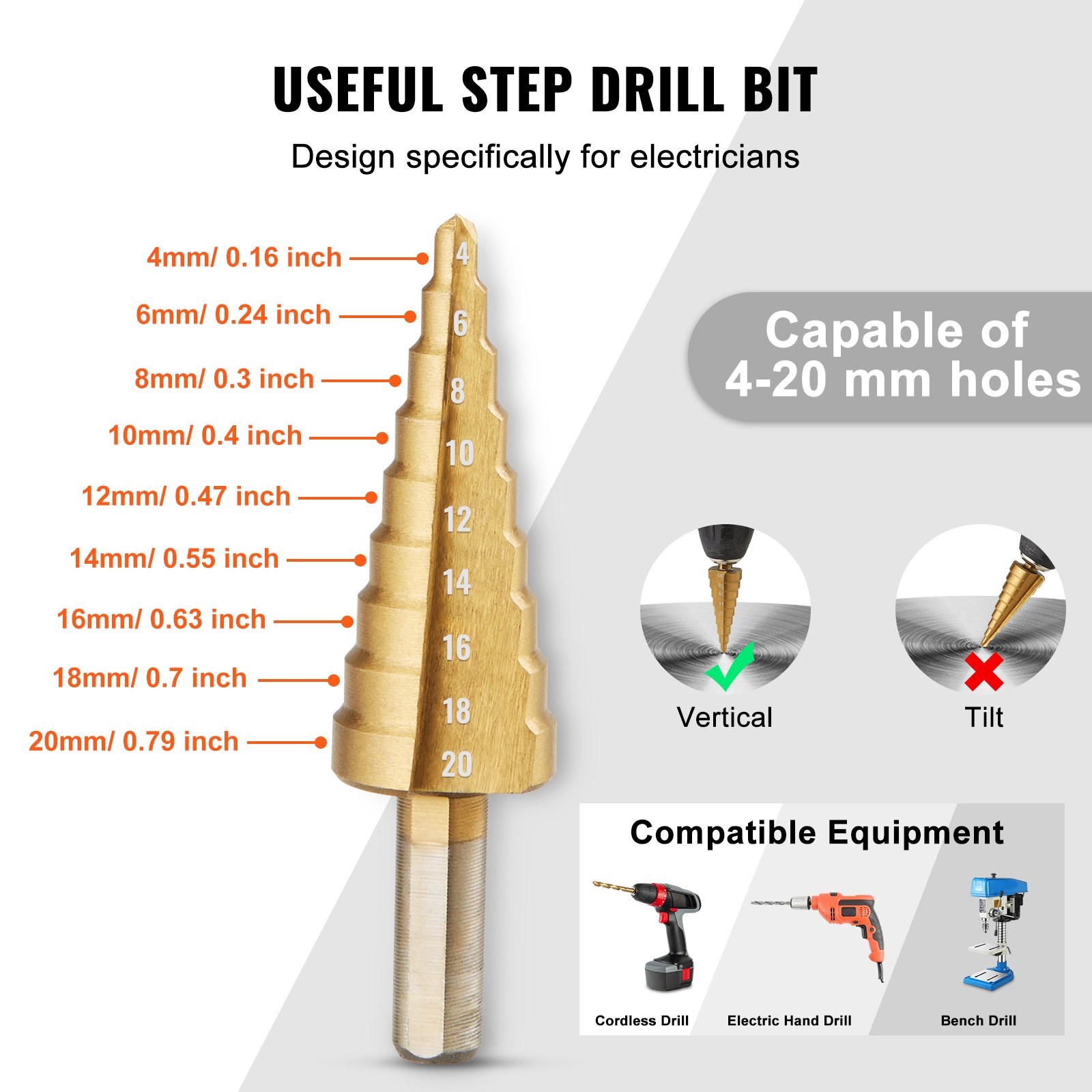 step drill bit for electricians, sizes 4-20mm, compatible with cordless, electric hand, and bench drills.