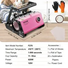 VEVOR Mug Heat Press, 11-30oz Tumbler Heat Press Machine, Sublimation Transfer Straight Skinny Tumblers, Cup Heat Press with Heat-resist Gloves & Tape, DIY Ceramic Mugs Cups Glasses, As Gift, Pink
