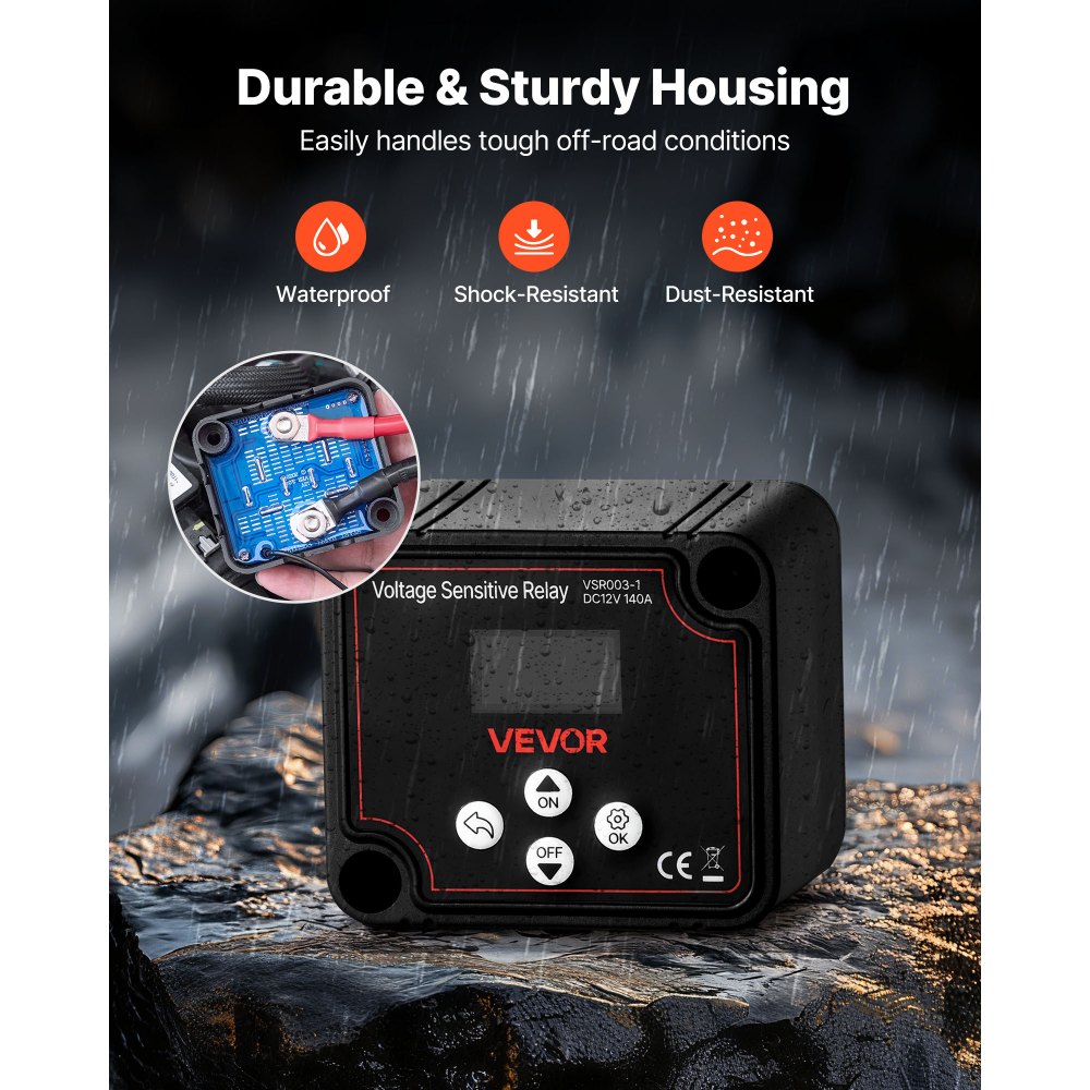VEVOR Dual Battery Isolator Kit, 12V 140 Amp, Manual and Automatic VSR Voltage Sensitive Relay with Voltmeter, LCD Screen, Smart Battery Isolator, Compatible with Lead-Acid Batteries, for UTV, ATV