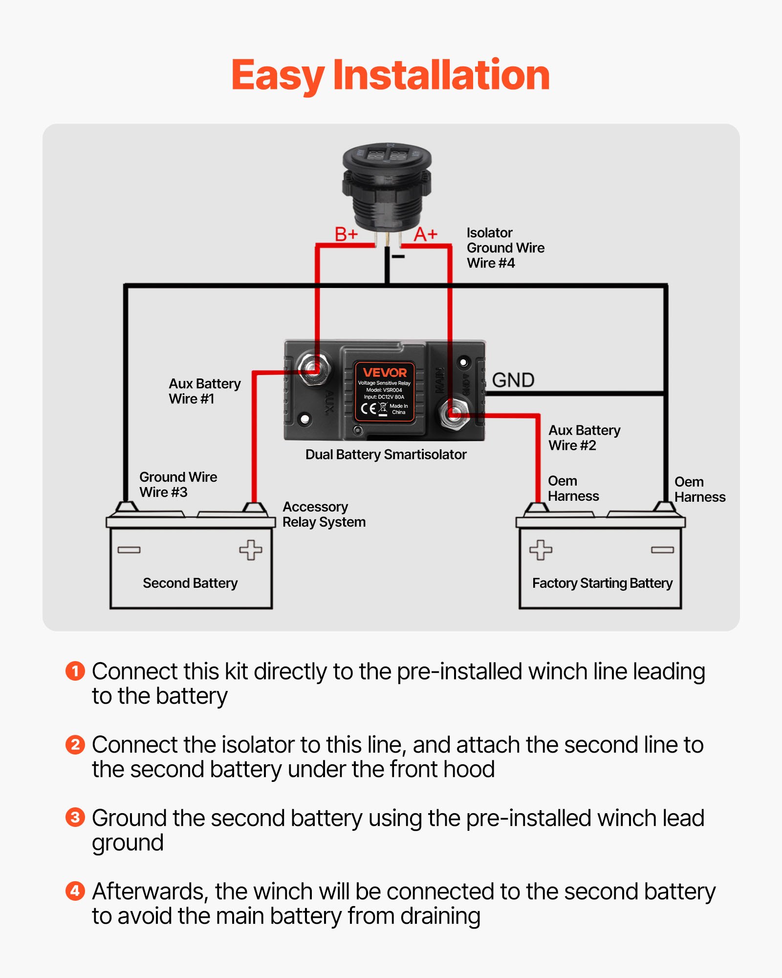 VEVOR Dual Battery Isolator Kit, 12V 80 Amp 2 ft 6 AWG, Manual / Automatic VSR Voltage Sensitive Relay with Voltmeter, LCD Screen, Smart Battery Isolator, Compatible with Lead-Acid Batteries, for UTV