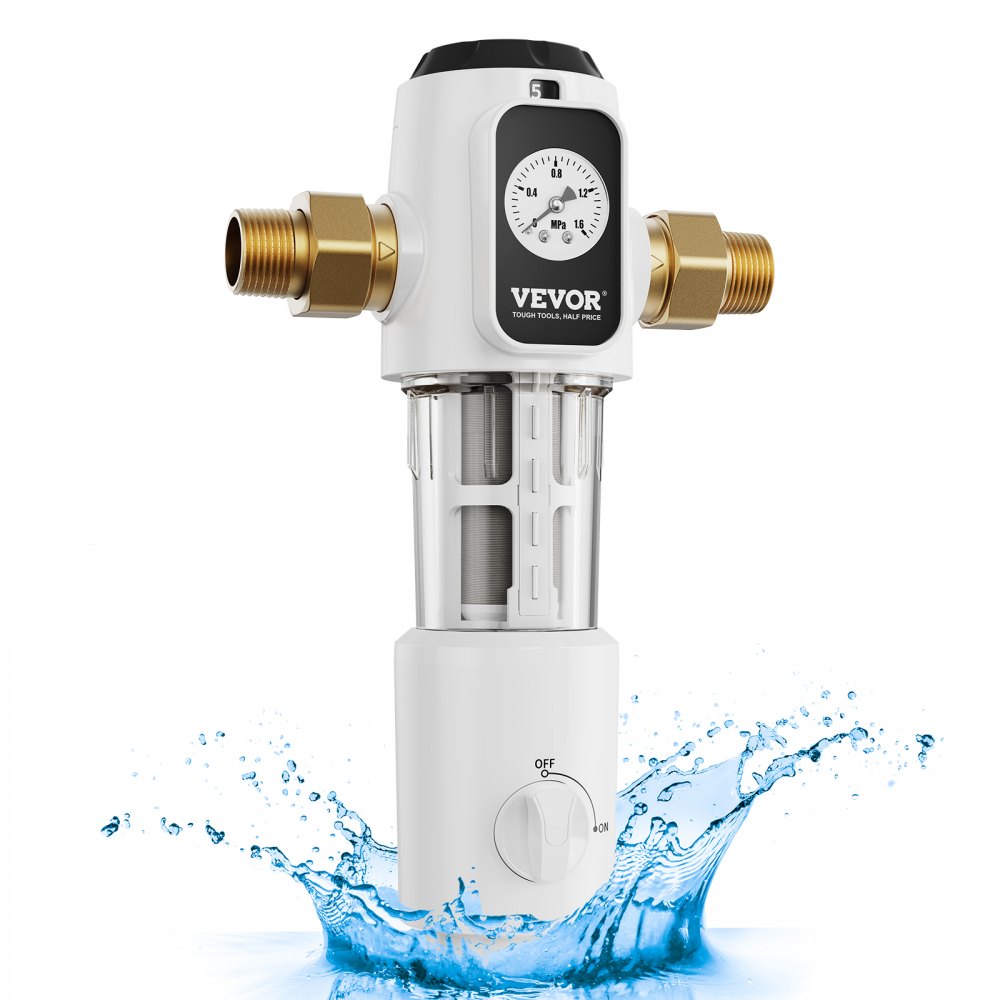 VEVOR whole house sediment filter with brass fittings and water splash effect.