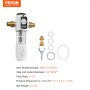 VEVOR whole house sediment filter with gauge, fittings, wrench, and dimensions of 6.7 x 3.3 x 11 inches.