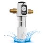 VEVOR whole house sediment filter with brass fittings and water splash effect.