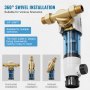 VEVOR spin down sediment filter with 360° swivel installation, suitable for horizontal, vertical, or inclined installation.