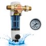 VEVOR spin down sediment filter with brass fittings and a pressure gauge, surrounded by splashing water.