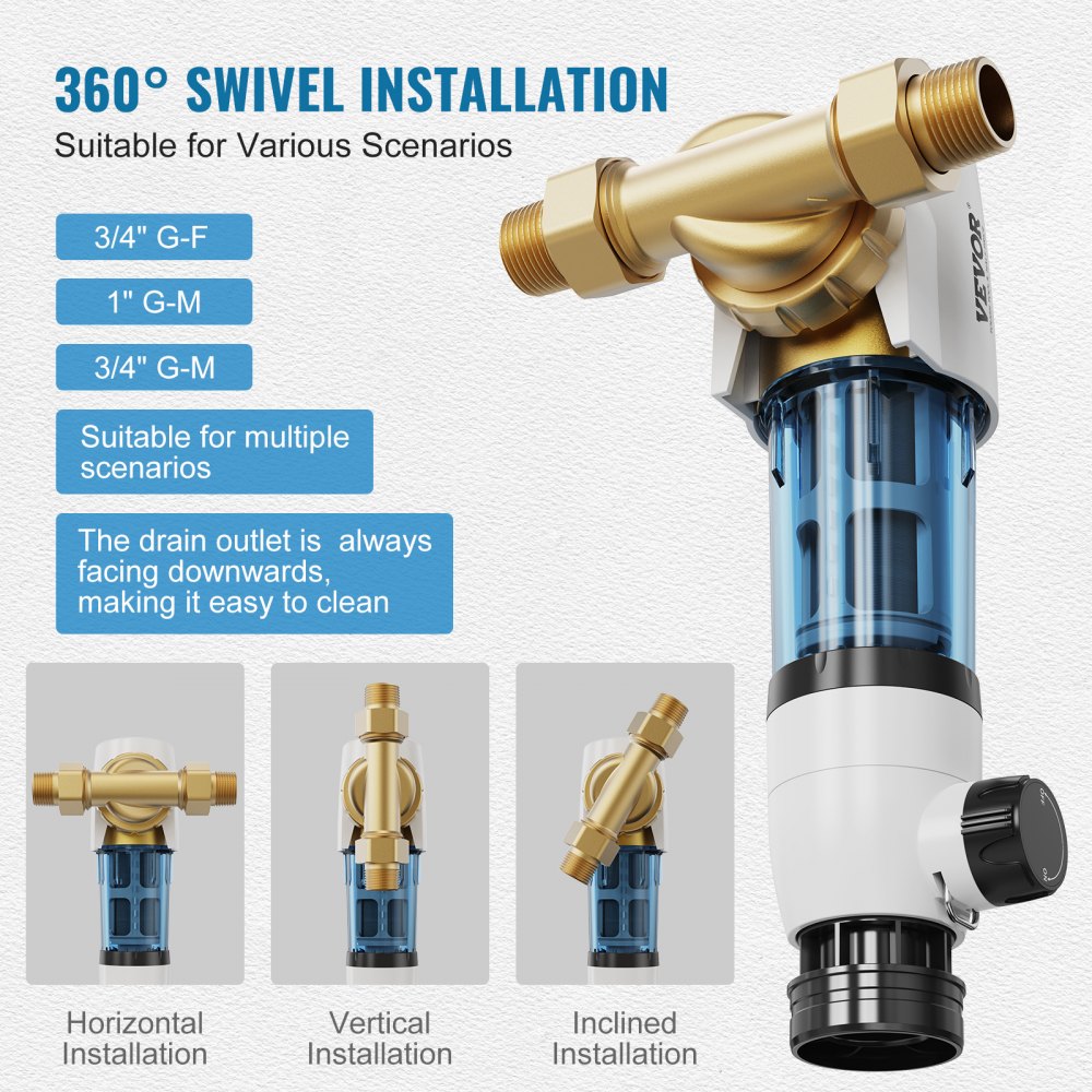 VEVOR Spin Down Filter, 40 Micron Whole House Sediment Filter for Well Water, 3/4" G-M + 1" G-M, 4 T/H High Flow Rate, for Whole House Water Filtration Systems, Well Water Sediment Filter