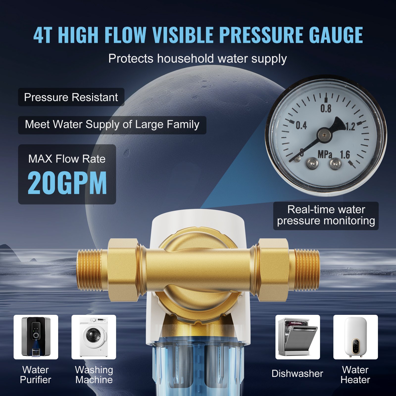 VEVOR Spin Down Filter, 40 Micron Whole House Sediment Filter for Well Water, 3/4" G-M + 1" G-M, 4 T/H High Flow Rate, for Whole House Water Filtration Systems, Well Water Sediment Filter