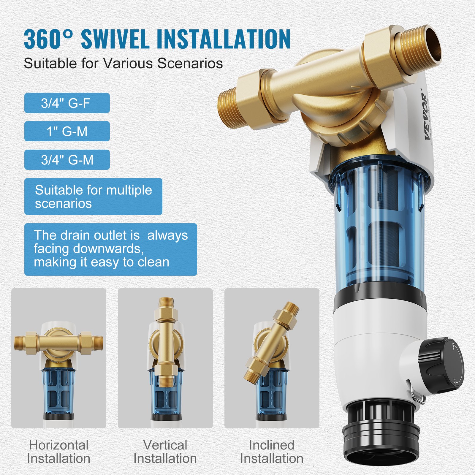VEVOR Spin Down Filter, 40 Micron Whole House Sediment Filter for Well Water, 3/4" G-M + 1" G-M, 4 T/H High Flow Rate, for Whole House Water Filtration Systems, Well Water Sediment Filter