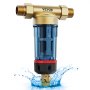 VEVOR well water filter with brass fittings and transparent blue housing splashing in water.