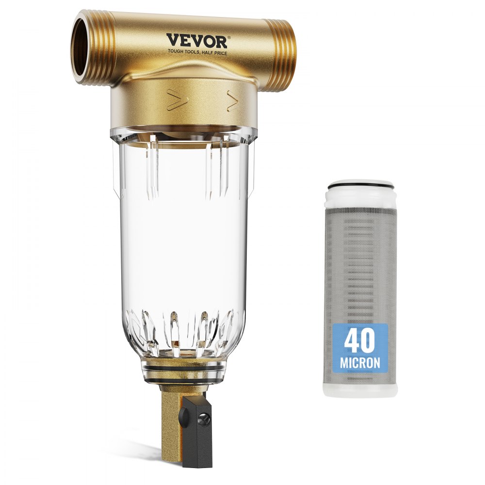 VEVOR whole house sediment filter with a 40-micron cartridge, featuring a transparent chamber and brass top.