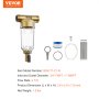 VEVOR whole house sediment filter with accessories, dimensions, and specs on white background.