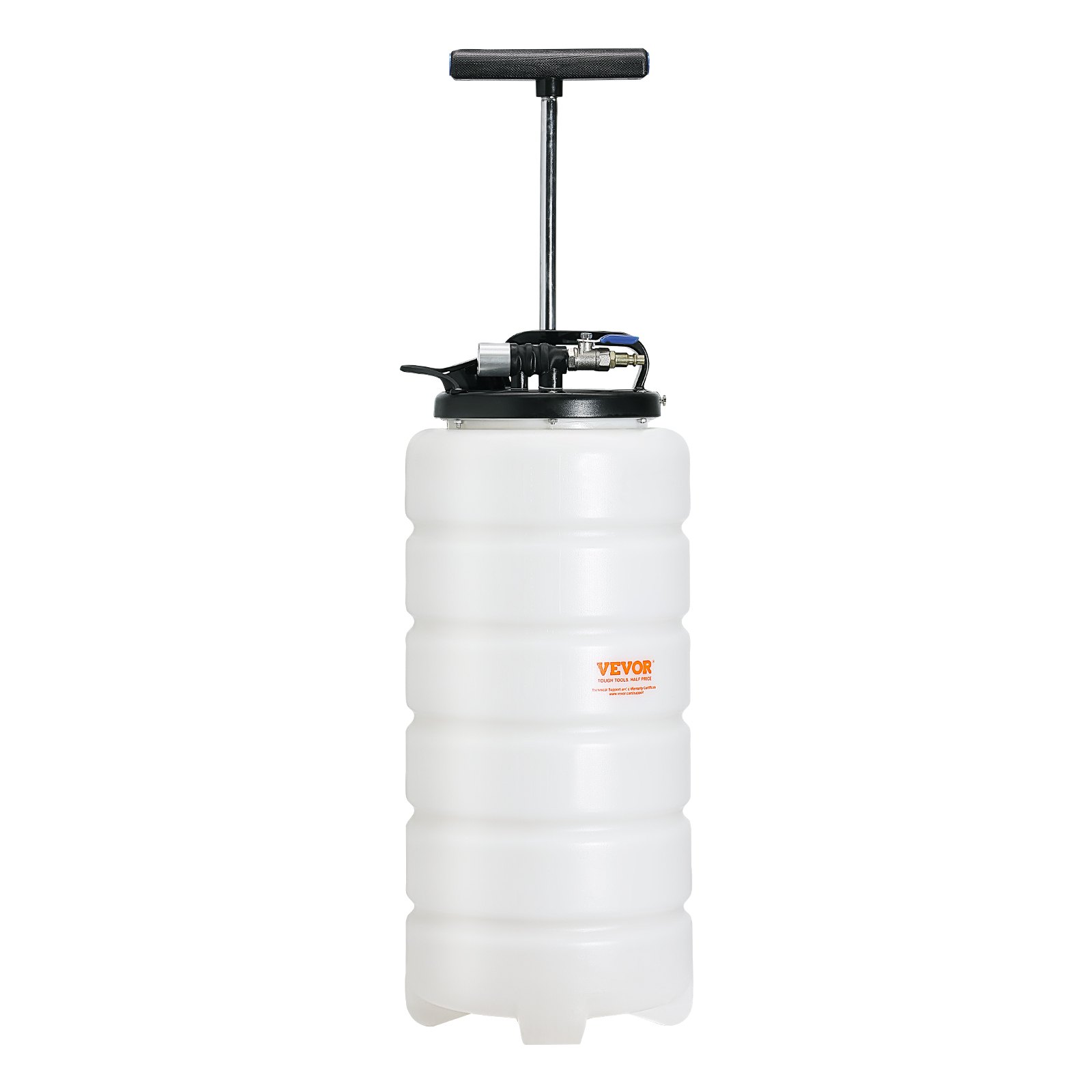 white VEVOR fluid extractor with a t-handle, ribbed body, and black top components.