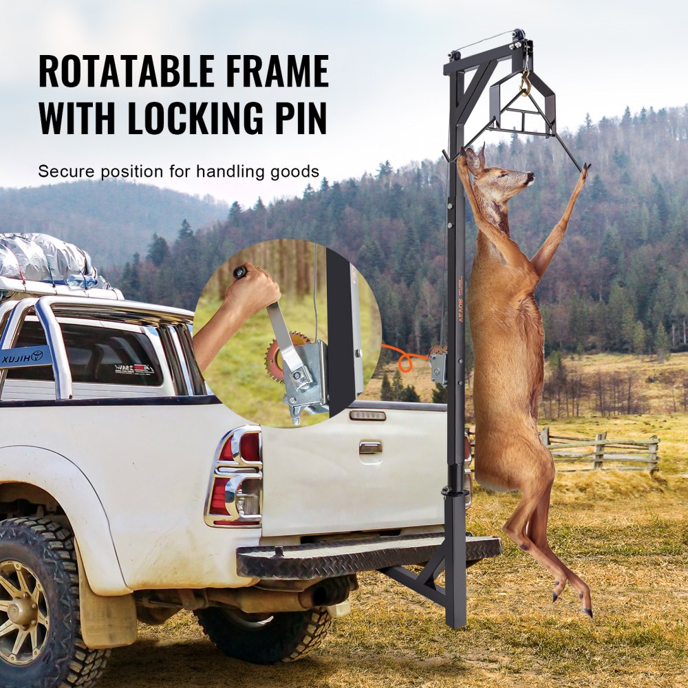 VEVOR Hitch Mounted Deer Hoist, 400 lbs Load Capacity, Hitch Game Hoist, Truck Hitch Deer Hoist with Winch Lift Gambrel Set, 2-inch Hitch Receiver, Adjustable Height & 360 Degrees Swivel, Carbon Steel