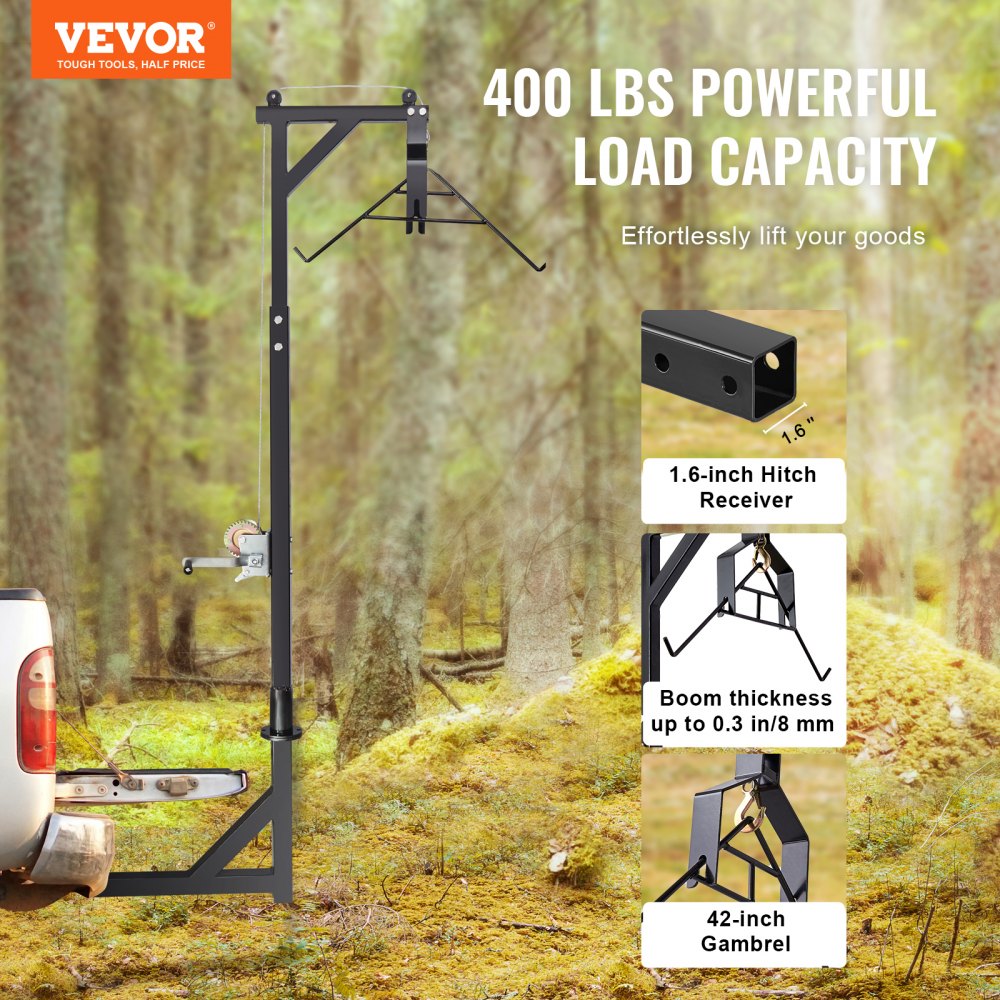 VEVOR Hitch Mounted Deer Hoist, 400 lbs Load Capacity, Hitch Game Hoist, Truck Hitch Deer Hoist with Winch Lift Gambrel Set, 2-inch Hitch Receiver, Adjustable Height & 360 Degrees Swivel, Carbon Steel