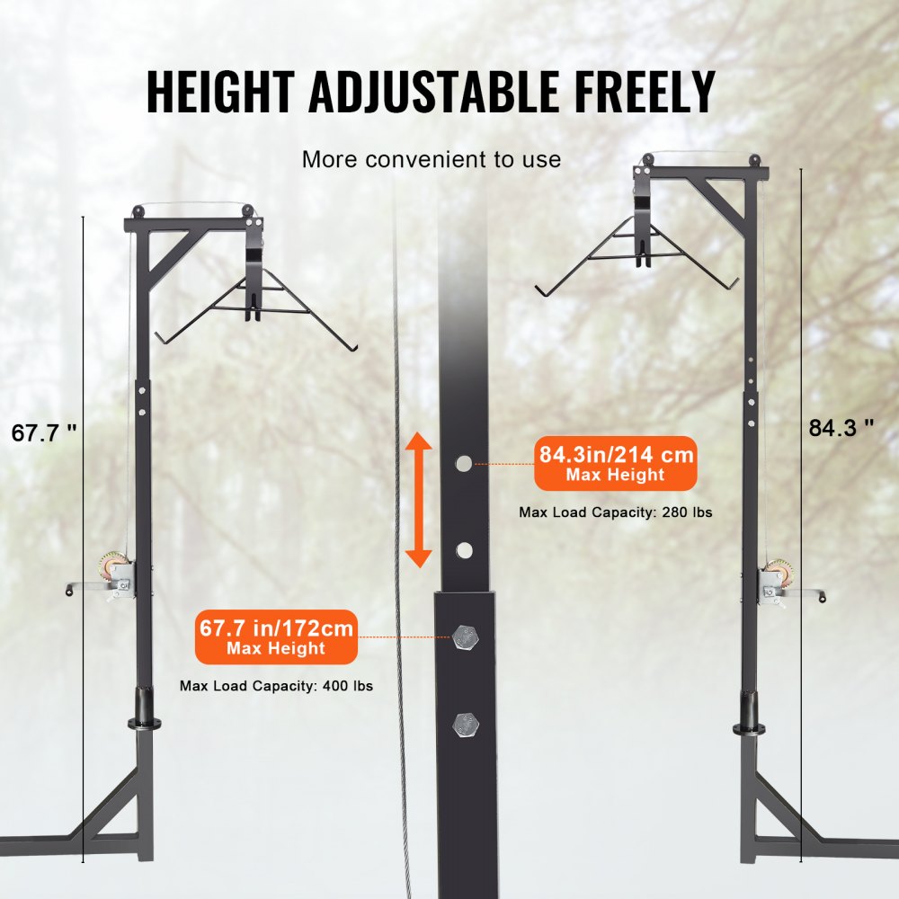 VEVOR Hitch Mounted Deer Hoist, 400 lbs Load Capacity, Hitch Game Hoist, Truck Hitch Deer Hoist with Winch Lift Gambrel Set, 2-inch Hitch Receiver, Adjustable Height & 360 Degrees Swivel, Carbon Steel