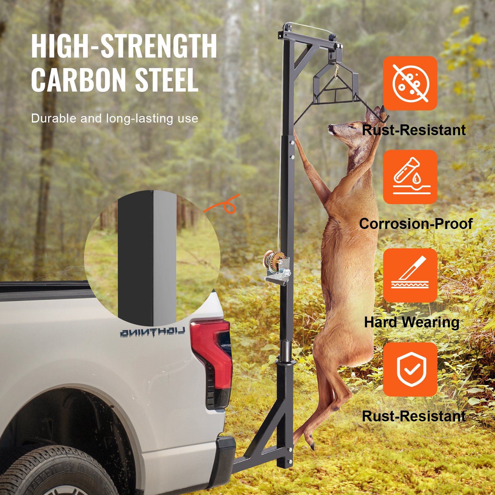 VEVOR Hitch Mounted Deer Hoist, 400 lbs Load Capacity, Hitch Game Hoist, Truck Hitch Deer Hoist with Winch Lift Gambrel Set, 2-inch Hitch Receiver, Adjustable Height & 360 Degrees Swivel, Carbon Steel