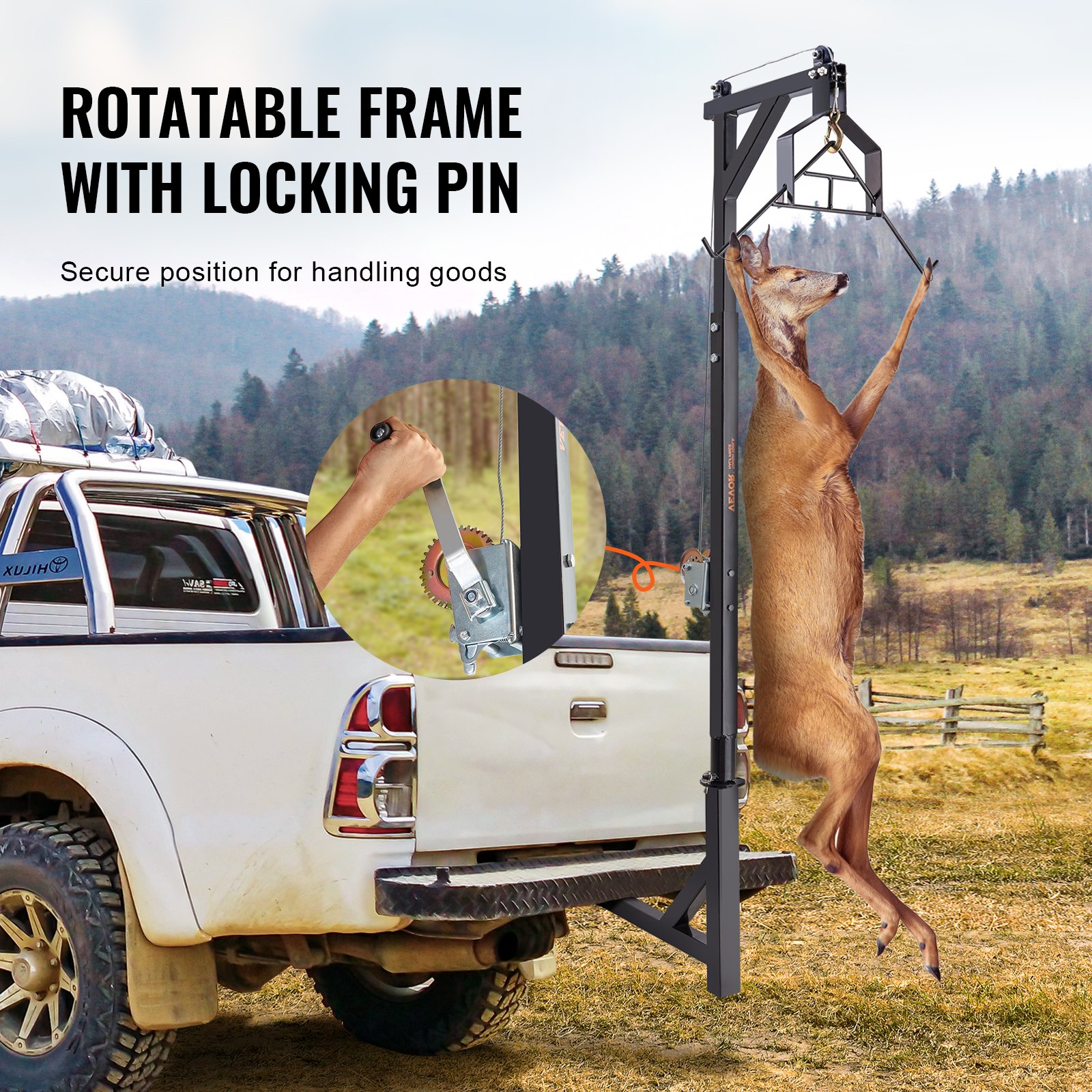 VEVOR Hitch Mounted Deer Hoist, 400 lbs Load Capacity, Hitch Game Hoist, Truck Hitch Deer Hoist with Winch Lift Gambrel Set, 2-inch Hitch Receiver, Adjustable Height & 360 Degrees Swivel, Carbon Steel