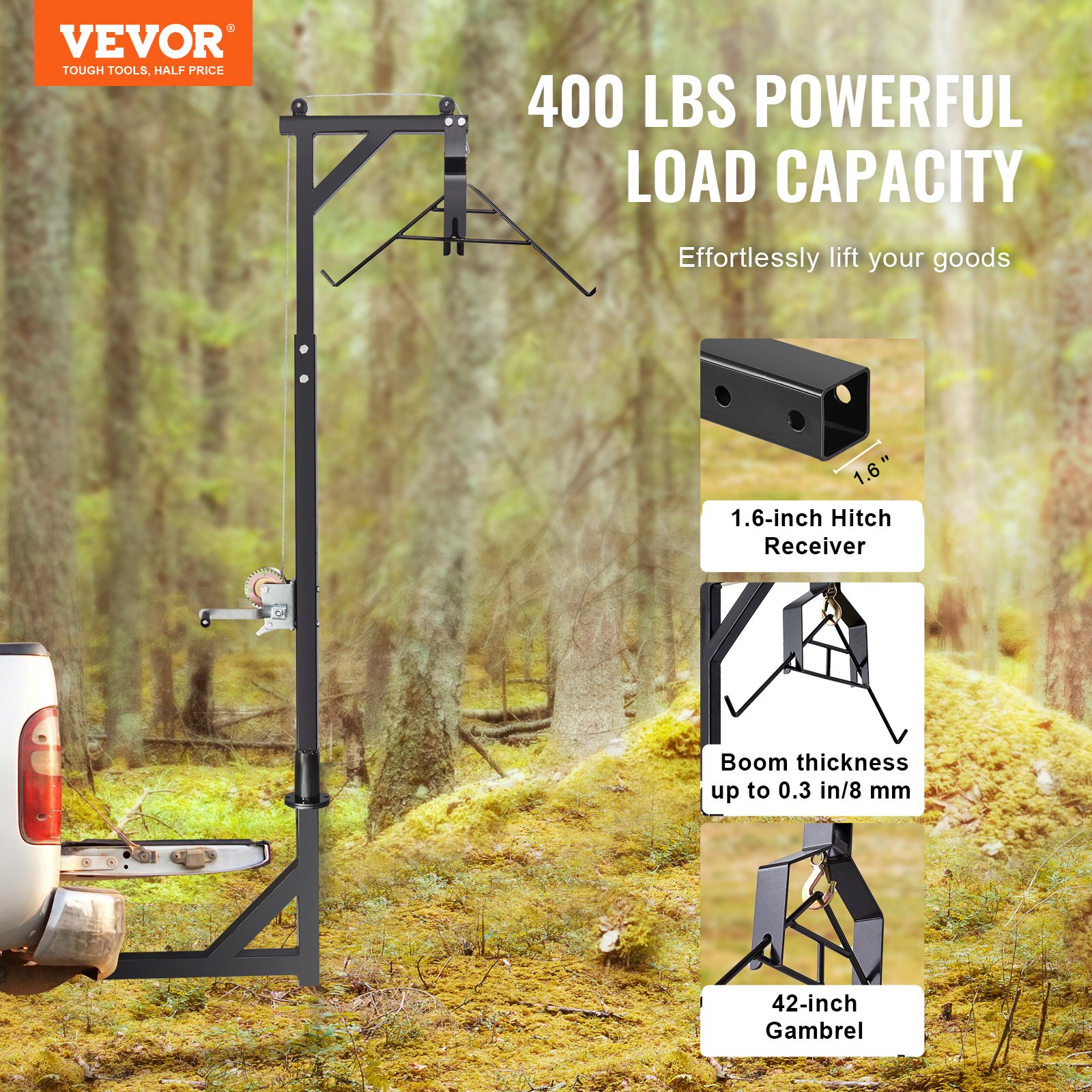 VEVOR Hitch Mounted Deer Hoist, 400 lbs Load Capacity, Hitch Game Hoist, Truck Hitch Deer Hoist with Winch Lift Gambrel Set, 2-inch Hitch Receiver, Adjustable Height & 360 Degrees Swivel, Carbon Steel