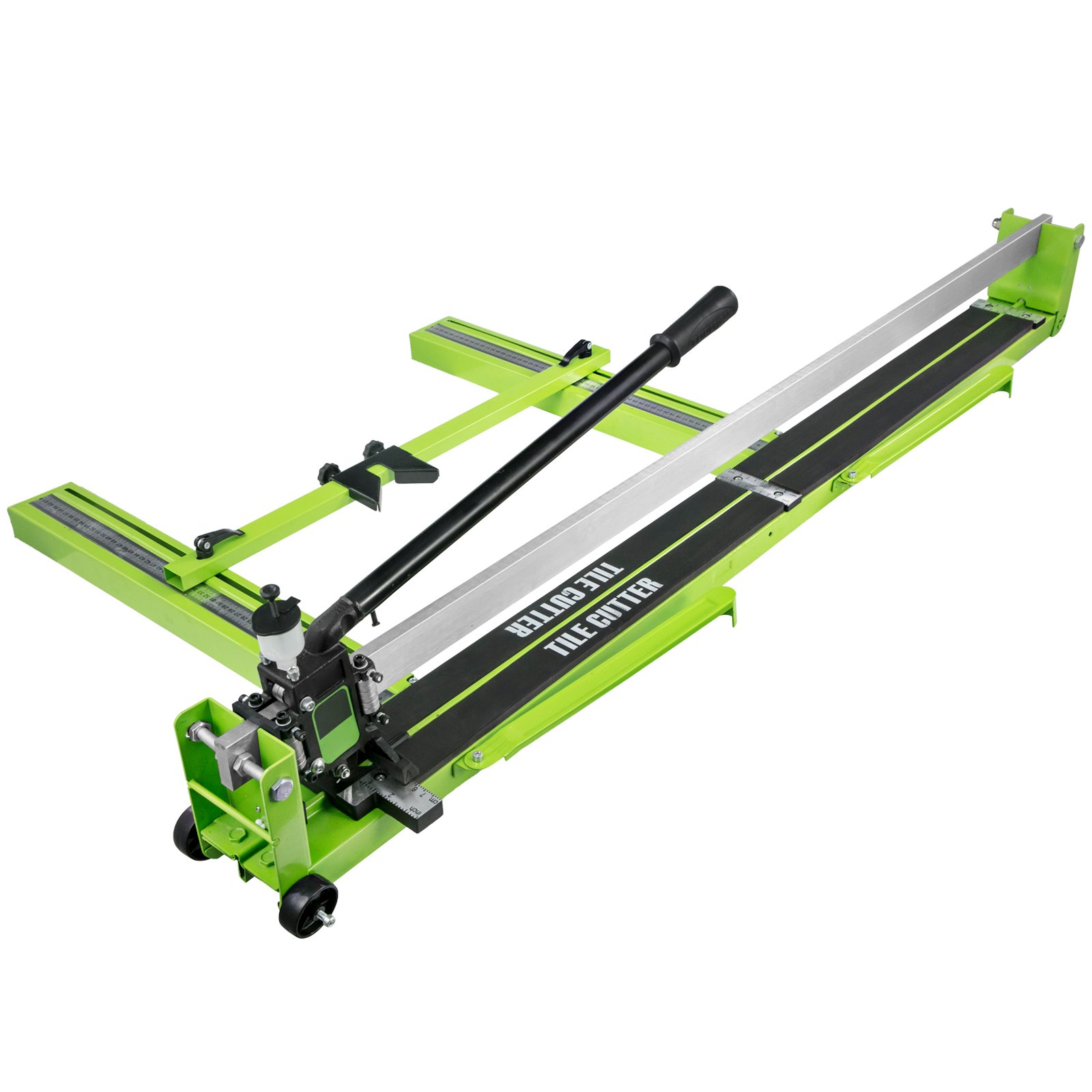 green VEVOR tile cutter with black handle and measurement guide.