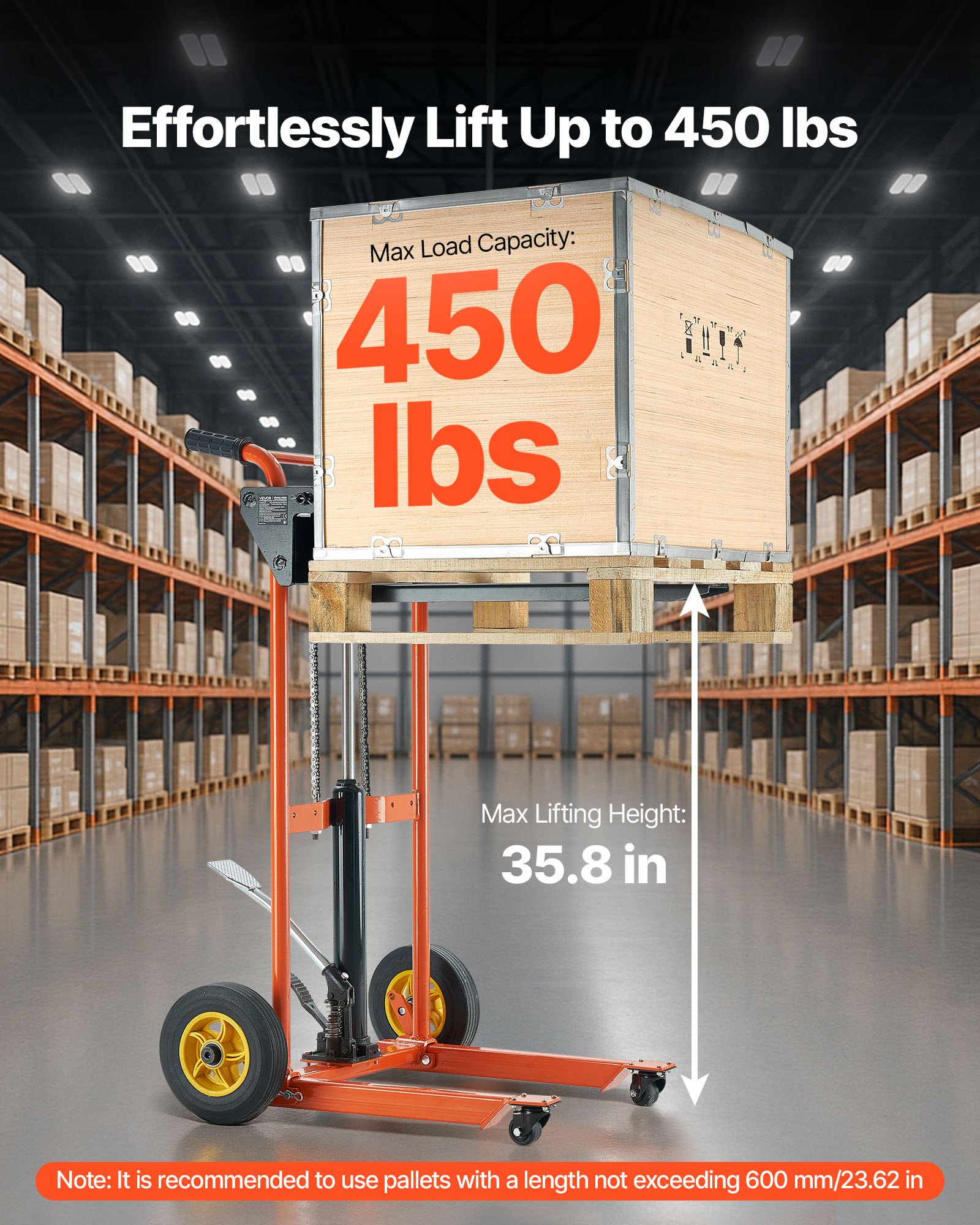 VEVOR Hydraulic Material Lift Winch Stacker, 205 kg Load Capacity, Pallet Truck Dolly with Fork Lift Table, 900 mm Max Lifting Height, Foldable & Portable Pallet Jack Table Cart, Yellow & Black