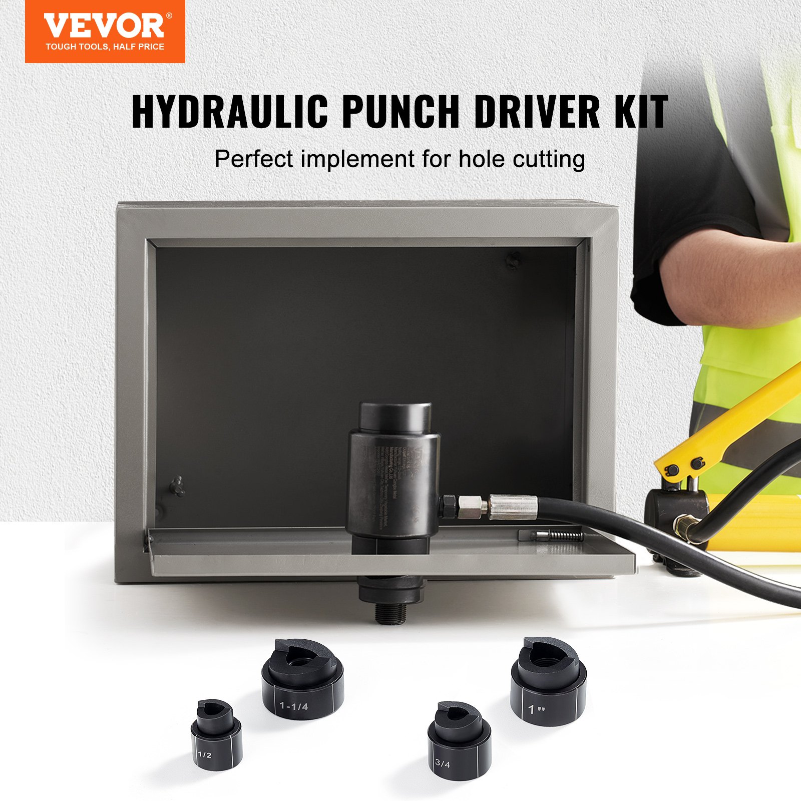 VEVOR Hydraulic Knockout Punch Kit, 4 Pieces 1/2", 3/4", 1", 1-1/4" Conduit Hole Cutter Set, Metal Sheet Driver Tools, KO Tool Kits For Aluminum, Brass, Stainless Steel, Fiberglass and Plastic